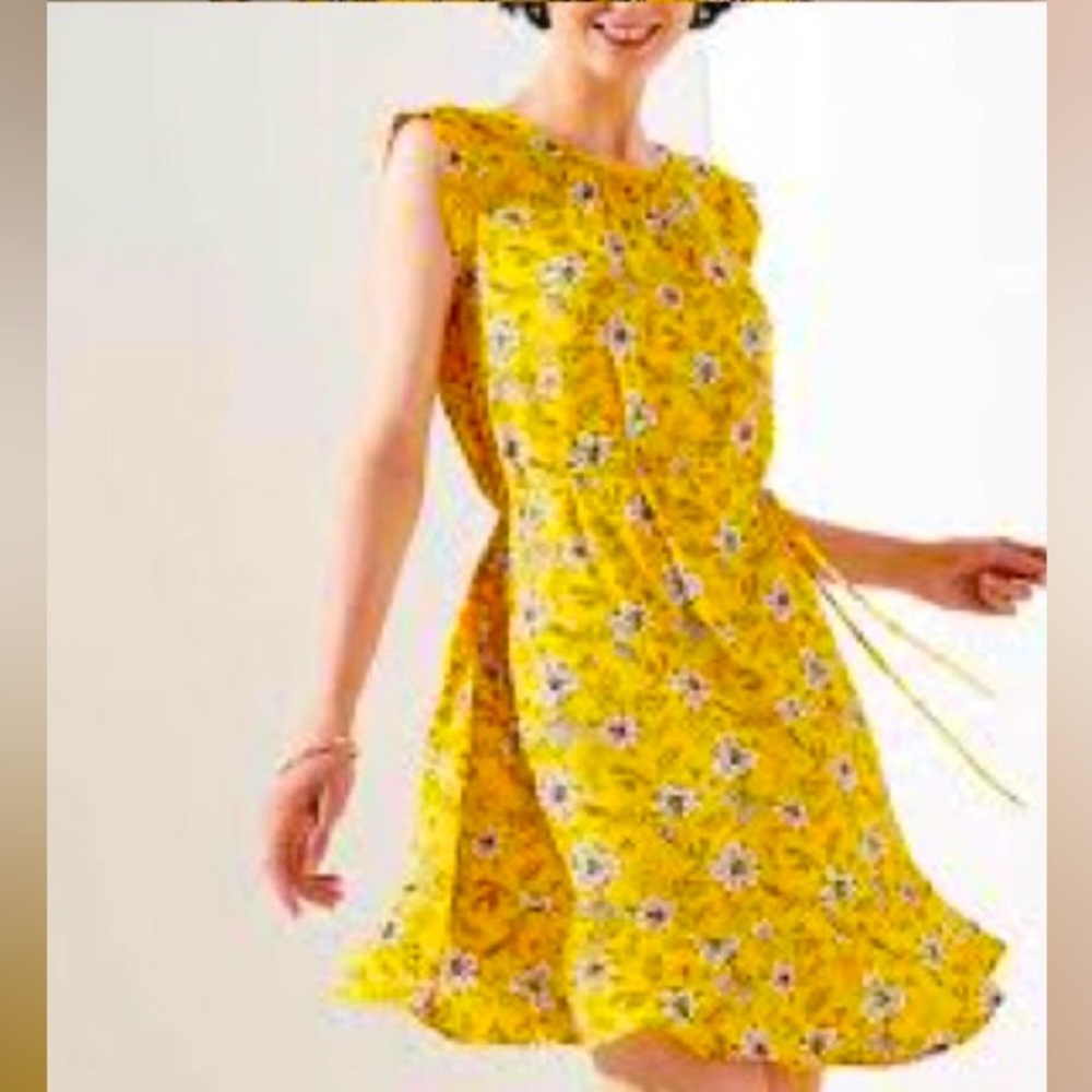 Yellow Flow-y Ruffle Cap Sleeve Dress, Size M